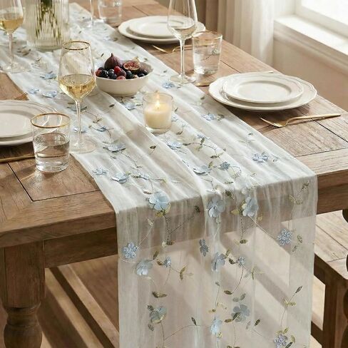 Artoid Mode Dusty Blue 3D Flower Gauze Embroidery Table Runner 120 Inch 10FT, Tulle Seasonal Spring Kitchen Dining Holiday Table Decor for Home Party in Saudi Arabia