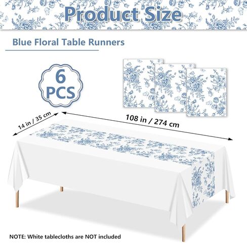 Blue Floral Table Runners 6-Pack – Plastic Disposable Spring Table Runner Chinoiserie Decor for Mother Women, Spring Summer Party, Home Party, Baby Shower, 108"x14" in Saudi Arabia