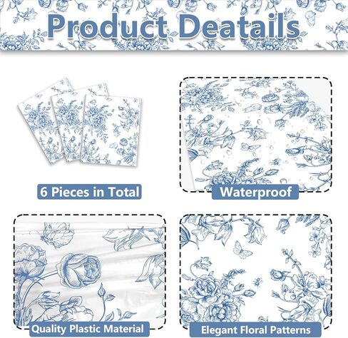 Blue Floral Table Runners 6-Pack – Plastic Disposable Spring Table Runner Chinoiserie Decor for Mother Women, Spring Summer Party, Home Party, Baby Shower, 108"x14" in Saudi Arabia