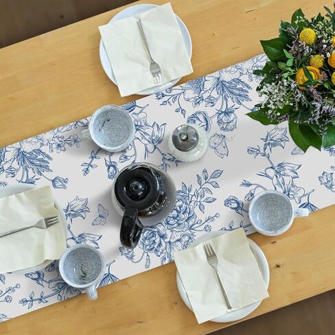Blue Floral Table Runners 6-Pack – Plastic Disposable Spring Table Runner Chinoiserie Decor for Mother Women, Spring Summer Party, Home Party, Baby Shower, 108"x14" in Saudi Arabia