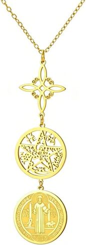 yiluocd الساحرات عقدة حماية ثلاثية قلادة الفولاذ المقاوم للصدأ tetragrammaton الخماسي سانت بنديكت ويتشي ماجيك سلتيك عقدة قلادة مجوهرات للنساء in Kuwait