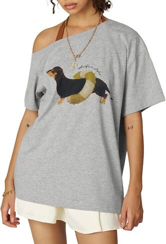 Aelfric Eden Dachshund Off The Shoulder Tshirts Women's Oversized Graphic Tees Short Sleeve Summer Cute T Shirts Y2K Tops in Saudi Arabia