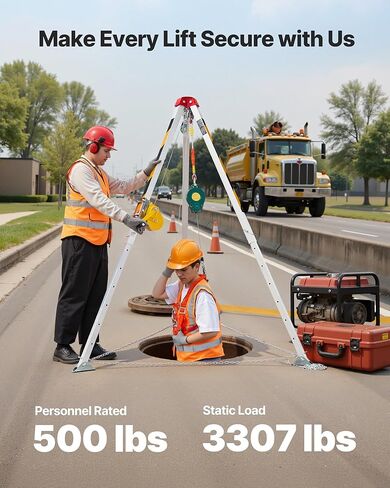 VEVOR Confined Space Tripod Kit, Heavy Duty Rescue Tripod Lifting Hoist 1200 lbs Winch, 4.1 ft Adjustable Legs, 98.5 ft Cable Portable Kit, 32.8 ft Fall Protection, 4.40-7.05 ft Working Height in Saudi Arabia