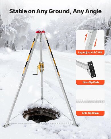 VEVOR Confined Space Tripod Kit, Heavy Duty Rescue Tripod Lifting Hoist 1200 lbs Winch, 4.1 ft Adjustable Legs, 98.5 ft Cable Portable Kit, 32.8 ft Fall Protection, 4.40-7.05 ft Working Height in Saudi Arabia