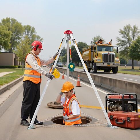 VEVOR Confined Space Tripod Kit, Heavy Duty Rescue Tripod Lifting Hoist 1200 lbs Winch, 4.1 ft Adjustable Legs, 98.5 ft Cable Portable Kit, 32.8 ft Fall Protection, 4.40-7.05 ft Working Height in Saudi Arabia