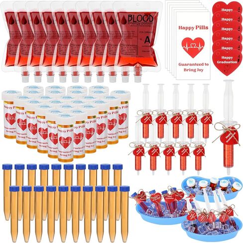Geiserailie 123 Pcs Nursing Graduation Party Supplies Set 20 Blood Bag for Drink Dram Empty Pill Bottles Push Down Test Tubes Syringe Sticky Labels and 3 Kidney Basin for Nurse RN Graduation Party in Saudi Arabia