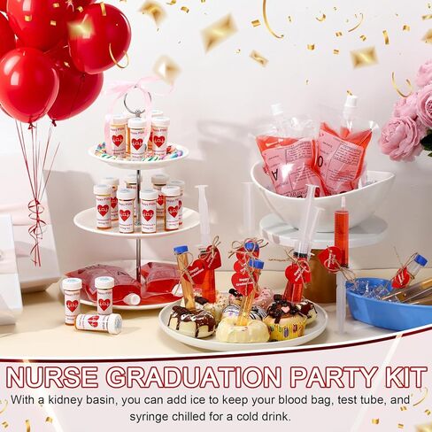 Geiserailie 123 Pcs Nursing Graduation Party Supplies Set 20 Blood Bag for Drink Dram Empty Pill Bottles Push Down Test Tubes Syringe Sticky Labels and 3 Kidney Basin for Nurse RN Graduation Party in Saudi Arabia