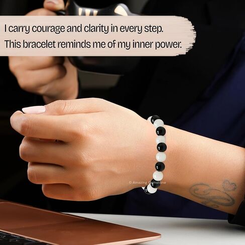 Amazing Gemstone Selenite Black Tourmaline Bracelet for Women Men's Gifts - Protection Healing Crystal Bracelet - 8mm Gemstone Beaded Adjustable Bracelet Pulseras Para Hombres Mujer Stocking Stuffers in Saudi Arabia