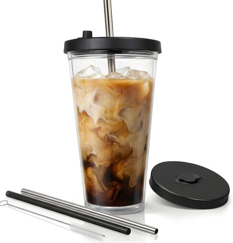 Kensal Home Reusable Iced Coffee Cup (24 Oz/Venti), Leak Proof and Double Wall Insulated Iced Coffee Tumbler, Come with Reusable Plastic and Metal Straws and Straw Cleaner - White in Saudi Arabia