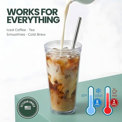 Kensal Home Reusable Iced Coffee Cup (24 Oz/Venti), Leak Proof and Double Wall Insulated Iced Coffee Tumbler, Come with Reusable Plastic and Metal Straws and Straw Cleaner - White in Saudi Arabia