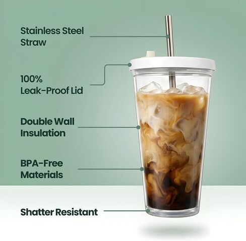 Kensal Home Reusable Iced Coffee Cup (24 Oz/Venti), Leak Proof and Double Wall Insulated Iced Coffee Tumbler, Come with Reusable Plastic and Metal Straws and Straw Cleaner - White in Saudi Arabia