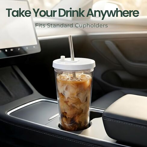 Kensal Home Reusable Iced Coffee Cup (24 Oz/Venti), Leak Proof and Double Wall Insulated Iced Coffee Tumbler, Come with Reusable Plastic and Metal Straws and Straw Cleaner - White in Saudi Arabia