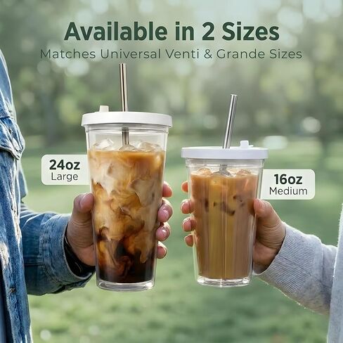 Kensal Home Reusable Iced Coffee Cup (24 Oz/Venti), Leak Proof and Double Wall Insulated Iced Coffee Tumbler, Come with Reusable Plastic and Metal Straws and Straw Cleaner - White in Saudi Arabia
