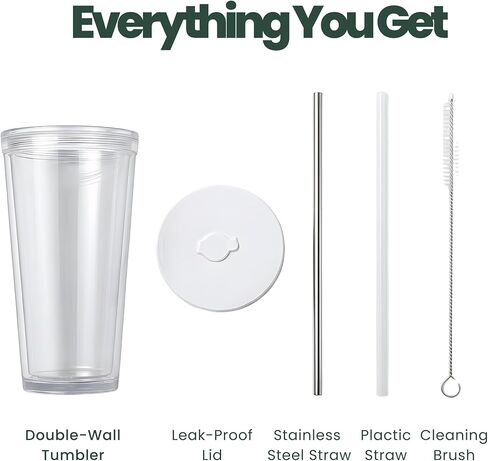 Kensal Home Reusable Iced Coffee Cup (24 Oz/Venti), Leak Proof and Double Wall Insulated Iced Coffee Tumbler, Come with Reusable Plastic and Metal Straws and Straw Cleaner - White in Saudi Arabia