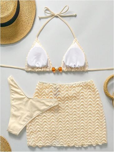 OYOANGLE Women's Pearls Lace Bikini Set 3 Piece Backless Triangle Cheeky Swimsuit with Cover Up Skirt in Saudi Arabia