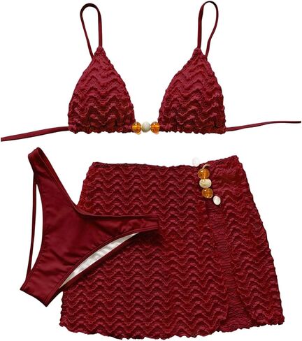 OYOANGLE Women's Pearls Lace Bikini Set 3 Piece Backless Triangle Cheeky Swimsuit with Cover Up Skirt in Saudi Arabia