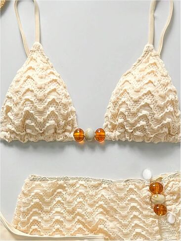 OYOANGLE Women's Pearls Lace Bikini Set 3 Piece Backless Triangle Cheeky Swimsuit with Cover Up Skirt in Saudi Arabia