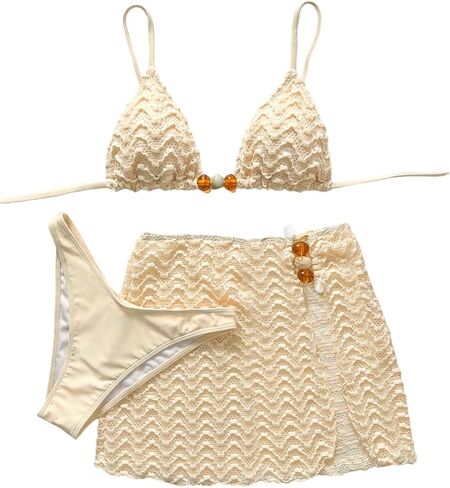 OYOANGLE Women's Pearls Lace Bikini Set 3 Piece Backless Triangle Cheeky Swimsuit with Cover Up Skirt in Saudi Arabia