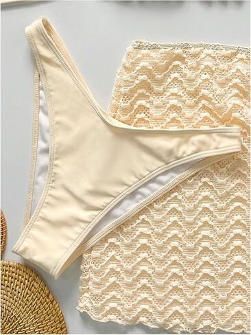 OYOANGLE Women's Pearls Lace Bikini Set 3 Piece Backless Triangle Cheeky Swimsuit with Cover Up Skirt in Saudi Arabia