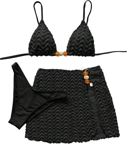 OYOANGLE Women's Pearls Lace Bikini Set 3 Piece Backless Triangle Cheeky Swimsuit with Cover Up Skirt in Saudi Arabia
