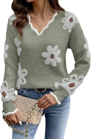 V Neck Floral Sweaters for Women, Oversized Long Sleeve Flower Sweater Fall Winter Fuzzy Pullover in Kuwait