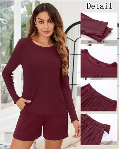 Neer 2 Pack Women's Pajama Sets, Long Sleeve Ribbed Crew Neck Top and Shorts Matching Lounge Sets Casual Sleepwear Outfits in Saudi Arabia
