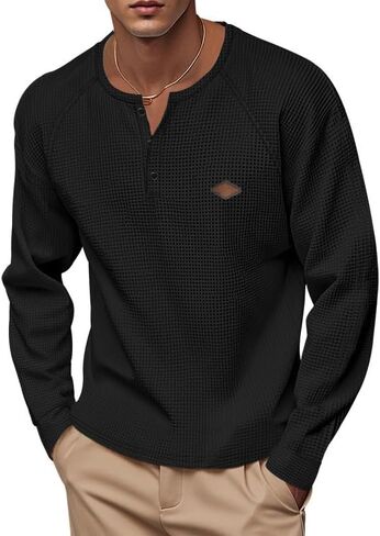 Men's Henley Casual Shirts Waffle Long Sleeve T-Shirt Lightweight Button Solid Color Fashion Pullover in Saudi Arabia