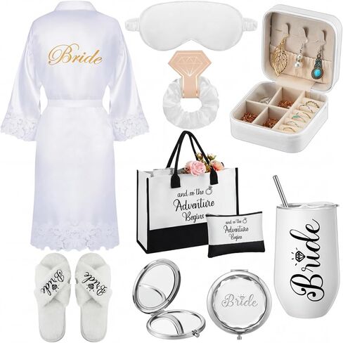 JaGely 9 Pcs Bride Gifts Set Bride Shower Bachelorette Gifts for Bride Wine Tumbler Robe Bag Eyemask Scrunchie Jewelry Box in Saudi Arabia