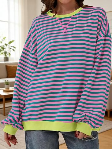 Women's Fashion Striped Print Contrast Binding Drop Shoulder Hoodies Pullovers Ladies Casual Long Sleeve Round Neck Tops in Saudi Arabia