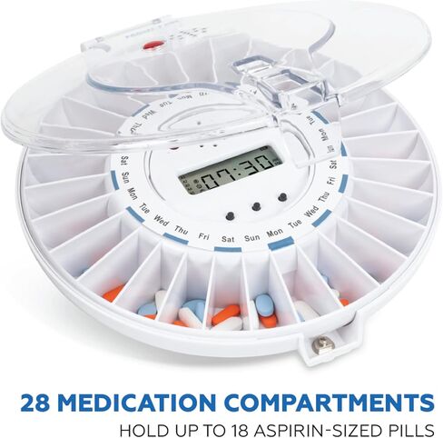 Automatic Pill Dispenser for Elderly with Alarm and Key Lock Box, Automatic Medication Dispenser - 28 Compartments, Medication Organizer, Pill Organizer with Clear Lid, FSA/HSA Eligibility in Saudi Arabia