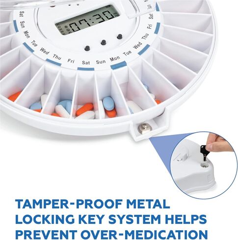 Automatic Pill Dispenser for Elderly with Alarm and Key Lock Box, Automatic Medication Dispenser - 28 Compartments, Medication Organizer, Pill Organizer with Clear Lid, FSA/HSA Eligibility in Saudi Arabia