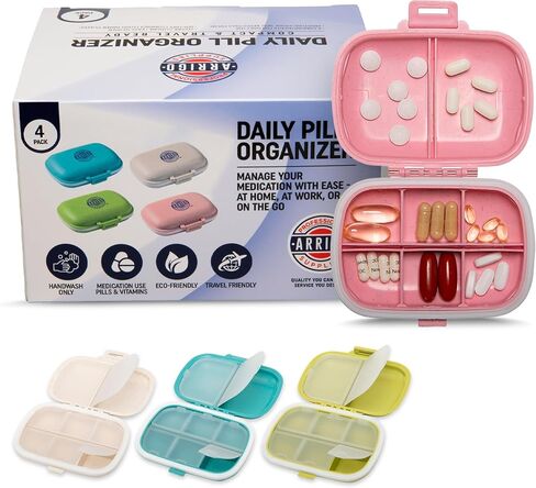 Arrigo Daily Pill Organizer for Small Medicine & Large Vitamins – Travel Friendly Portable Pill Case Box – Hard BPA-Free Plastic Compact Container for Carry-On, Pocket, Purse & Backpack (Teal) in Saudi Arabia