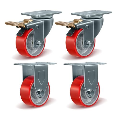 عجلات 4 بوصات للخدمة الشاقة مجموعة من 4 عجلات مع تحميل 1600 رطل، بولي يوريثين على الحديد الزهر، عجلات صناعية لمعدات منضدة العربة (2 فرامل قفل إجمالي و2 صلبة) in Kuwait