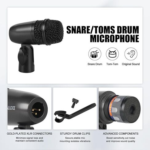 مجموعة ميكروفون الطبلة، مجموعة ميكروفون طبلة ديناميكي سلكي مكون من 7 قطع مع حقيبة حمل، مشبك خيط وحامل ميكروفونات، ميكروفونات صنج معدنية كاملة/توم/سنير/هاي هات لتسجيل الآلات وإنتاج الموسيقى in Kuwait