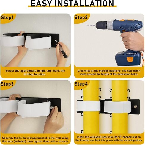 Indoor Volleyball Poles Wall Rack Holder, Upright Pole Storage Rack for Volleyball Badminton and Tennis with 3 Bolts, Sturdy Steel Plate Used in Schools, Gymnasiums, Clubs in Kuwait