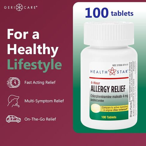 GeriCare Allergy Relief Chlorpheniramine Maleate 4 mg, Antihistamine Tablets, 100 Count (Pack of 1) in Saudi Arabia