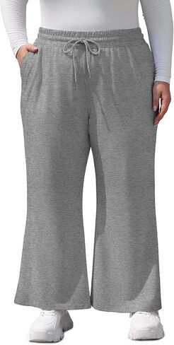 FOREYOND Plus Size Sweatpants Women Flared Knit Pants with Pockets Drawstring Pull-on Casual Yoga Pants 1XL-6XL in Saudi Arabia