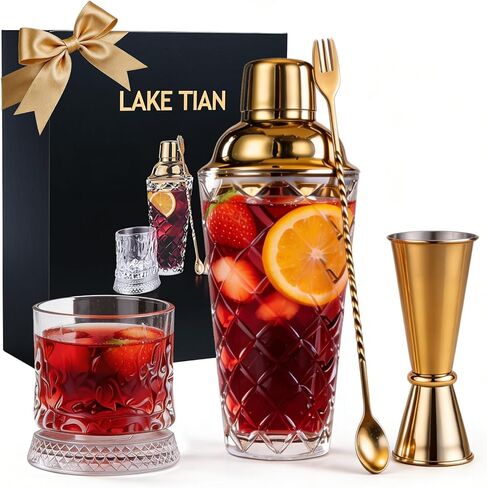 Glass Cocktail Shaker Set - 4 Piece - with Whiskey rotating glass Strainer, Jigger, Spoon for Home Bar/Trolley Décor/Margaritas/Martinis in Saudi Arabia