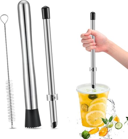 Lemon Smasher, Straw Puncher & Cleaning Brush Set, Stainless Steel Lemonade Muddler, Cocktail Muddler for Homemade Drinks, Lemonade Stands, Garage Sales, Easy Clean for Family & Home Bar Use in Saudi Arabia