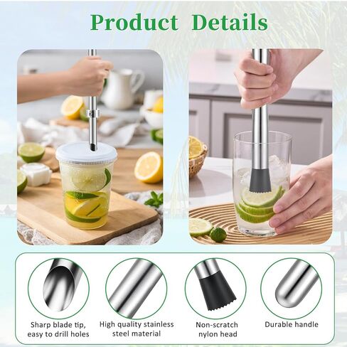 Lemon Smasher, Straw Puncher & Cleaning Brush Set, Stainless Steel Lemonade Muddler, Cocktail Muddler for Homemade Drinks, Lemonade Stands, Garage Sales, Easy Clean for Family & Home Bar Use in Saudi Arabia