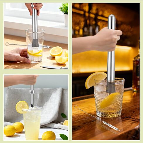 Lemon Smasher, Straw Puncher & Cleaning Brush Set, Stainless Steel Lemonade Muddler, Cocktail Muddler for Homemade Drinks, Lemonade Stands, Garage Sales, Easy Clean for Family & Home Bar Use in Saudi Arabia