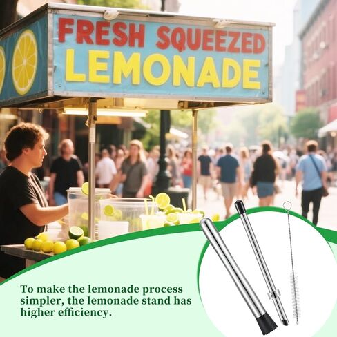 Lemon Smasher, Straw Puncher & Cleaning Brush Set, Stainless Steel Lemonade Muddler, Cocktail Muddler for Homemade Drinks, Lemonade Stands, Garage Sales, Easy Clean for Family & Home Bar Use in Saudi Arabia