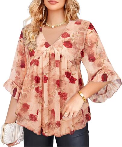 Amrto Womens Tops Plus Size Fashion Chiffon Blouses 3/4 Sleeve Ruffle Dressy Casual Cocktail Party Business Wedding in Kuwait