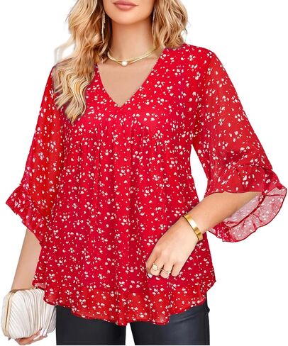 Amrto Womens Tops Plus Size Fashion Chiffon Blouses 3/4 Sleeve Ruffle Dressy Casual Cocktail Party Business Wedding in Kuwait