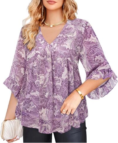 Amrto Womens Tops Plus Size Fashion Chiffon Blouses 3/4 Sleeve Ruffle Dressy Casual Cocktail Party Business Wedding in Kuwait