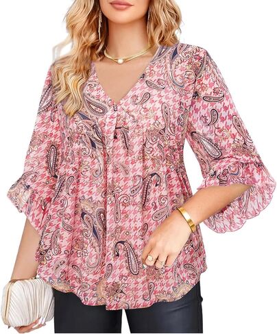 Amrto Womens Tops Plus Size Fashion Chiffon Blouses 3/4 Sleeve Ruffle Dressy Casual Cocktail Party Business Wedding in Kuwait