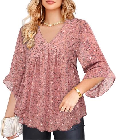 Amrto Womens Tops Plus Size Fashion Chiffon Blouses 3/4 Sleeve Ruffle Dressy Casual Cocktail Party Business Wedding in Kuwait