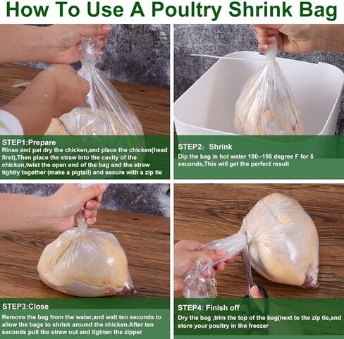 Zonon 100 Pcs 100 Pack Poultry Shrink Bags 10 x 16 Inches Clear Poultry Heat Shrink Wrap Bags for Chickens Turkey Rabbits Bpa Free Freezer with 100 Zip Ties and Clear Silicone Straw for Food Storage in Saudi Arabia
