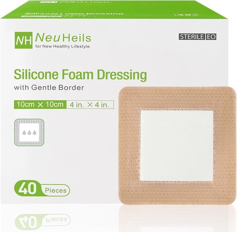 NeuHeils Silicone Foam Dressing with Gentle Border 4''x4'', 40 Pack - High Absorbency Waterproof Wound Bandage for Bed Sores, Leg Ulcers & Surgical Wounds in Kuwait