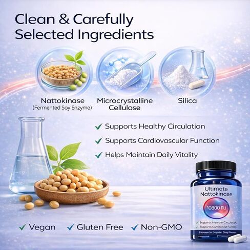 Ultimate Nattokinase 10800 fu، مكمل Nattokinase، الدورة الدموية الصحية ودعم الصحة اليومية، نباتي، خالي من الغلوتين، 60 كبسولة نباتية، غير معدل وراثيًا (2) in Kuwait
